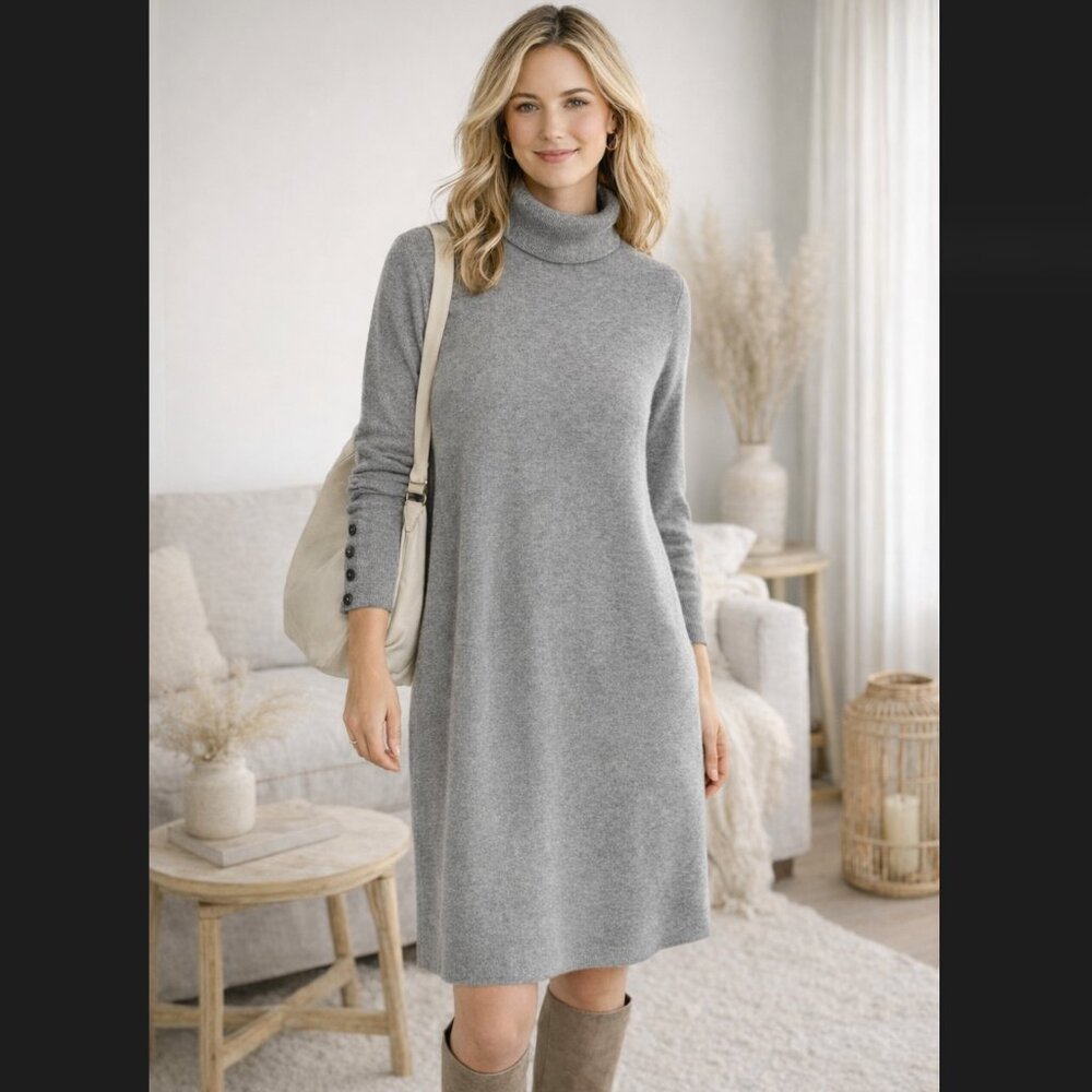 J. Jill Sweater Dress LP Gray Turtleneck Cotton Yak Hair Button Long Sleeve Boho